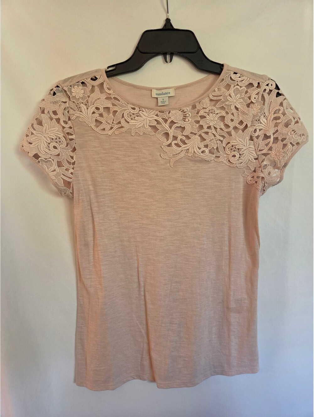 Sundance Womens Size Small Blush Pink Floral Lace Yoke Short Sleeve Knit Top